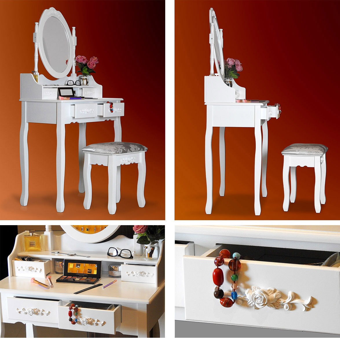 Blanco Tocador de Maquillaje Mesa con Taburete y Espejo 4 Cajones de MDF s l1600 - Blanco Tocador de Maquillaje Mesa con Taburete y Espejo 4 Cajones de MDF