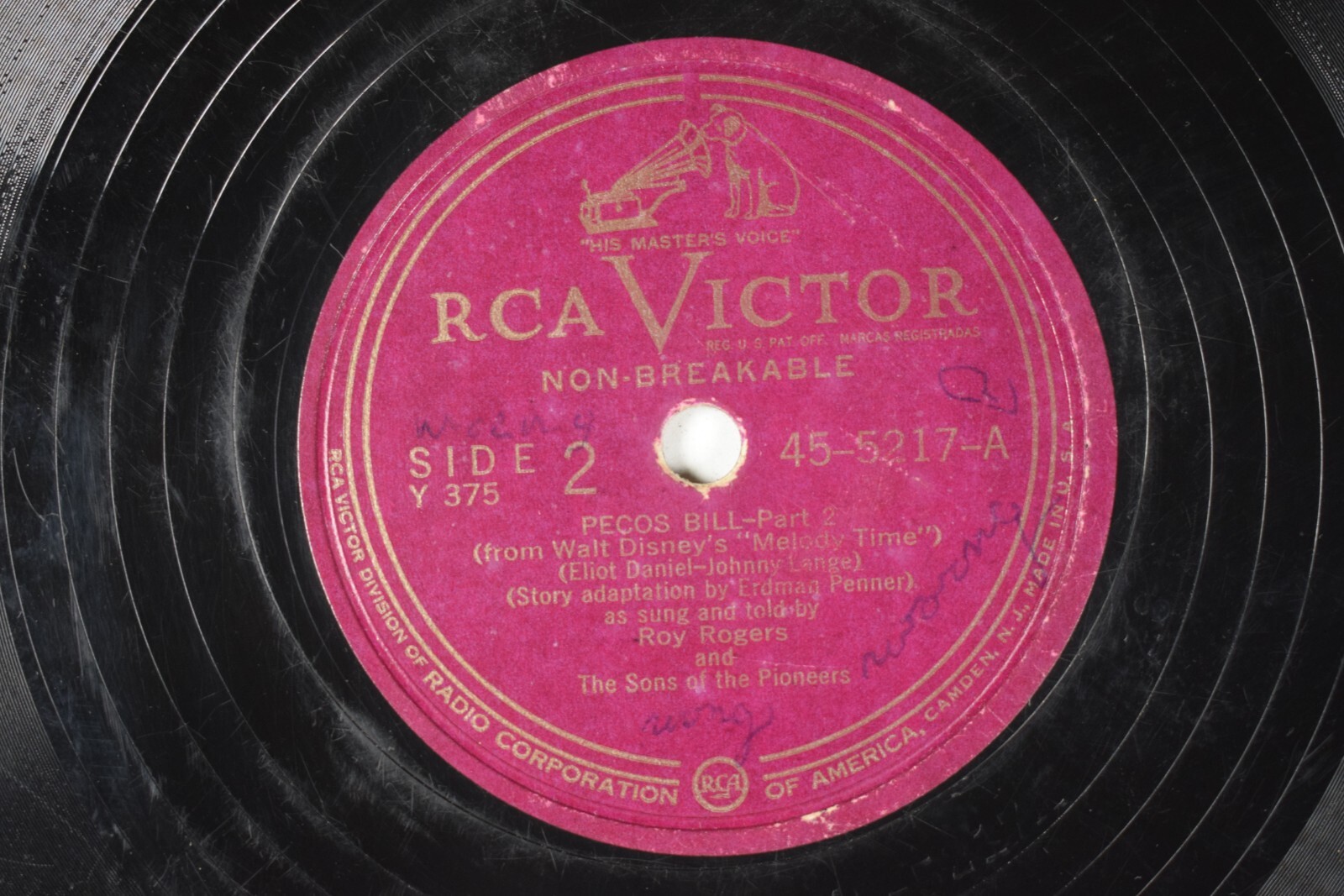 C. 1918 Roy Rogers 78 RPM RCA Walt Disney - Pecos Bill L6E