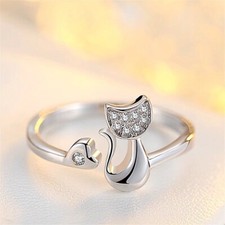 Crystal Cute Cat Adjustable Open Ring 925 Sterling Silver Ladies Girls Gift Uk