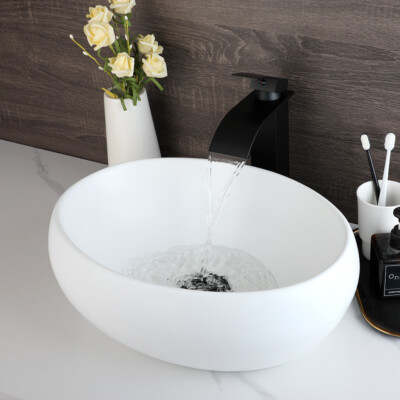 Bathroom White Vessel Sink 17'' Oval Ceramic Sink Bowl With Black Faucet + Drain