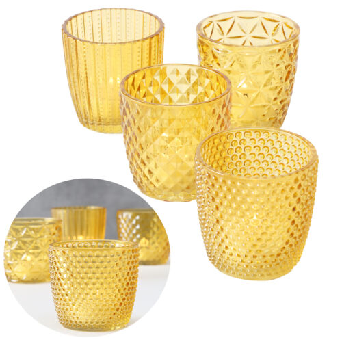 4x Glas Teelicht-Halter Set Retro Gelb Kerzengläser Ständer Windlicht Tisch-Deko - Bild 1 von 7