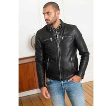 Men's Black  Leather Bomber Jacket Soft Lambskin Leather Biker Jacket Distressed