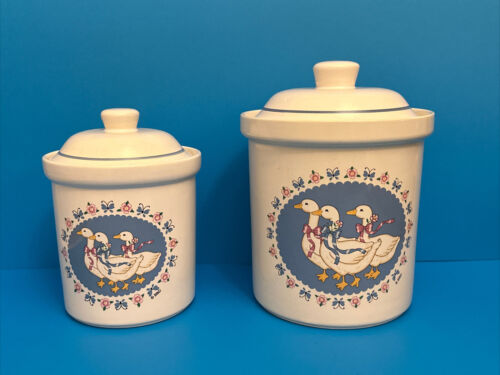 Treasure Craft Vintage 80s Ribbon Geese Canisters W/ Lids Jar Container Set Of 2 - Picture 1 of 12