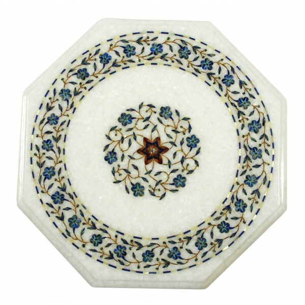 18-Inch White Marble Table Top with Semi-Precious Stone Inlay Handcrafted Home Decor