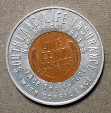 Dallas (TX), Southland Life Insurance, Home Office: Encased 1957D 1c, 35mm, abou