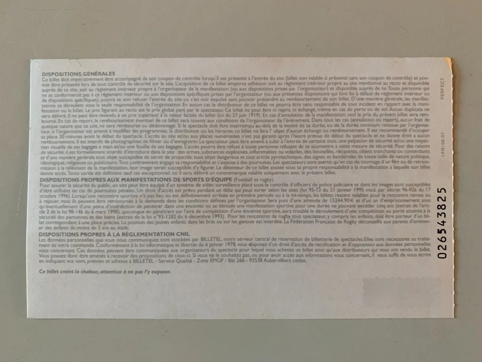 TICKET MATCH RUGBY FRANCE NOUVELLE ZELANDE 17 NOVEMBRE 2007 - Photo 2/2