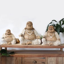 Large Hand Carved Wooden Whitewash Chinese Laughing Happy Buddha Statue Figure