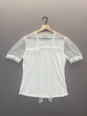 Sweet Wanderer Womens White Top Net Short Sleeve V-Neck Size Large
