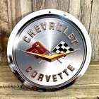 Chevrolet Chevy Corvette Gas Cap Logo Metal Tin Round Sign 12" Garage Vintage