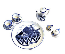 Doll House Miniature Blue/White Dutch Style Coffee/Tea Set Porcelain Lot of 10