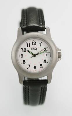 ESQ Womens Watch Stainless Steel Silver Black Leather Date 24hr White Quartz