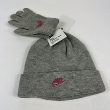 NEW Nike 2 Piece Youth Girls Beanie/Gloves Set Dark Heather Gray Pink Logo