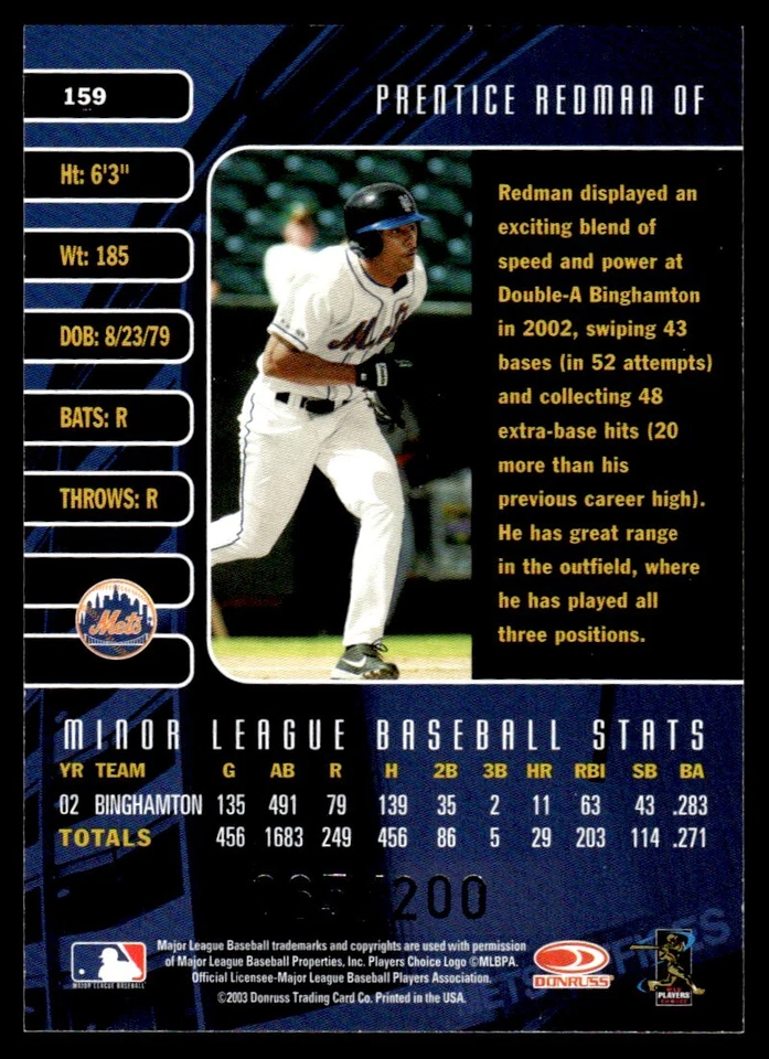2003 Donruss Studio Prentice Redman Rookie New York Mets #159 R78 - Image 2 of 2