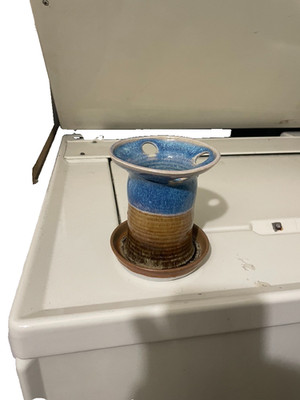 toothbrush / toothpaste dispenser ceramic handmade blue / gold
