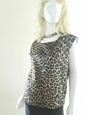 women Leopard Faux fur Sleeveless Blouse Top Shirt Vest Cheetah Print Vtg M L 8