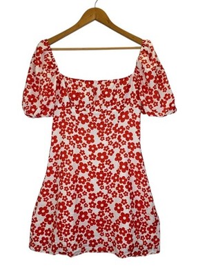 Nwt Glamorous Women's Red Mini Dresses Tie Puff Sleeve Floral Mini Dress Size 12