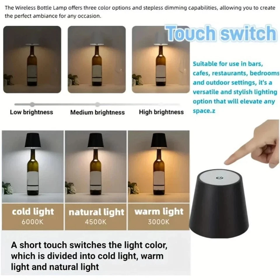Wireless Bottle Lamp 3 Color Stepless Dimming LED Wine Bottle Lamp Cordless Lamp - image 4 of 4