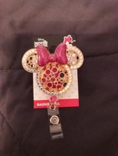 Disney Golden Minnie Mouse Badge Reel Classic Pink Bow Multicolored Jewel