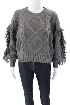 Line And Dot Womens Chunky Knit Crew Neck Fringe Cropped Sweater Gray Cotton XS