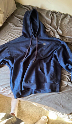 ALO Navy Logo Fleece Pullover Hoodie M Cotton Blend Pockets Drawstring