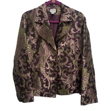 Chico's Blazer Jacket Purple Green Paisley Silk Rayon Metallic Brocade Size 2