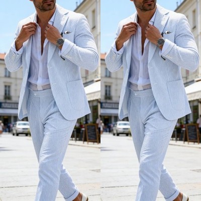 Seersucker Men's Suits Summer Party Wedding Groom Single Breasted Men Blazers