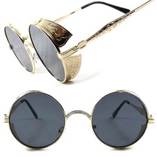 Gold Side Shield Vintage Retro Vampire Goth Steampunk Style Round Sun Glasses