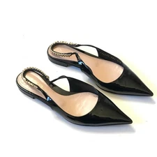 Gucci Signoria Pointed Toe Flats Womens 38.5 Black Leather Slingback Gold Chain