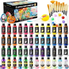 64-Piece Acrylic Paint Set - Classic, Metallic, Pastel Colors, 12 Brushes &