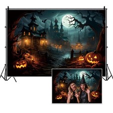 8x6ft Halloween Backdrop Full Moon Scary Night Castle Pumpkin Lantern Old Tre...