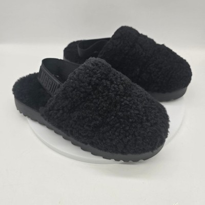 Ugg Sheepskin Super Fluff Slippers Slingback Logo Strap Cozy Black Size 7 Logo