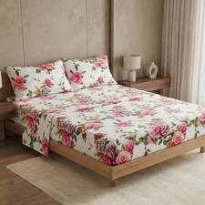 Dada Bedding Romantic Roses Floral Fitted Flat Sheet Set W/ 2 Pillow Cases -