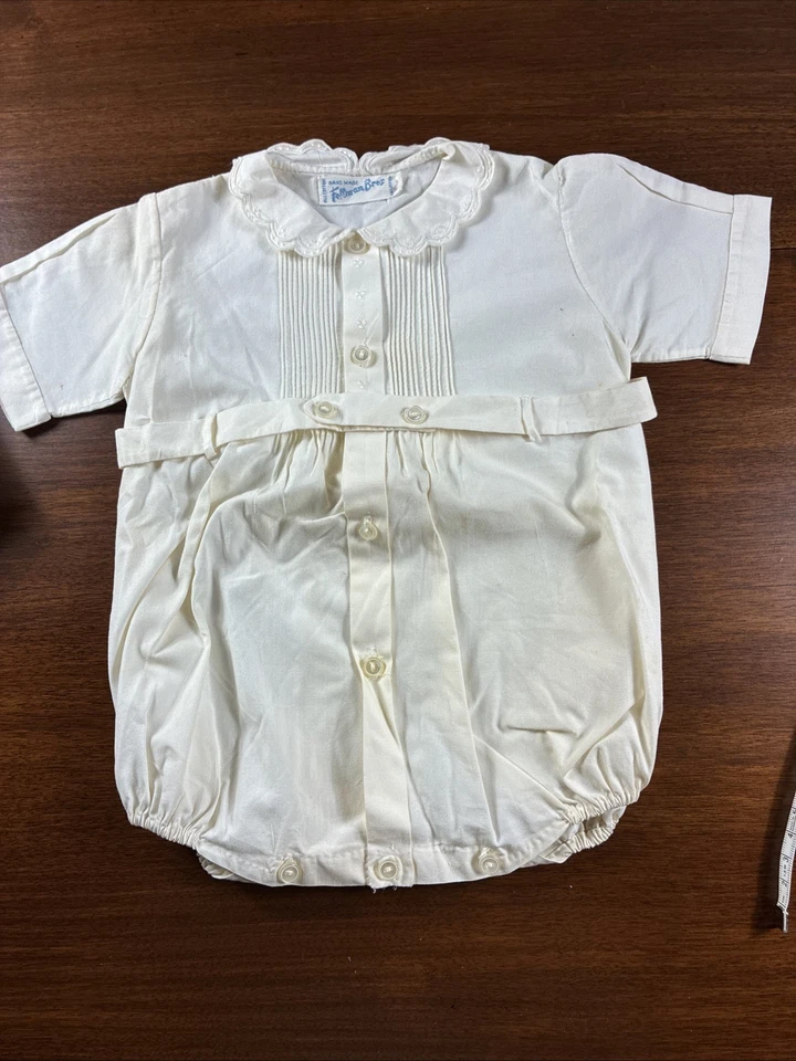 VTG Feltman Brothers Cream Collared Pin Tuck Handmade Baby Boy Newborn Romper - Image 2 of 4