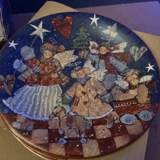 SUSAN WINGET 4 Christmas 8" Dessert Plate Folk Angel Peace Joy Love Original Box