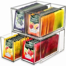 4 Pack Tea Bag Drawers Organizer, Clear Plastic Stackable Tea Organizers and