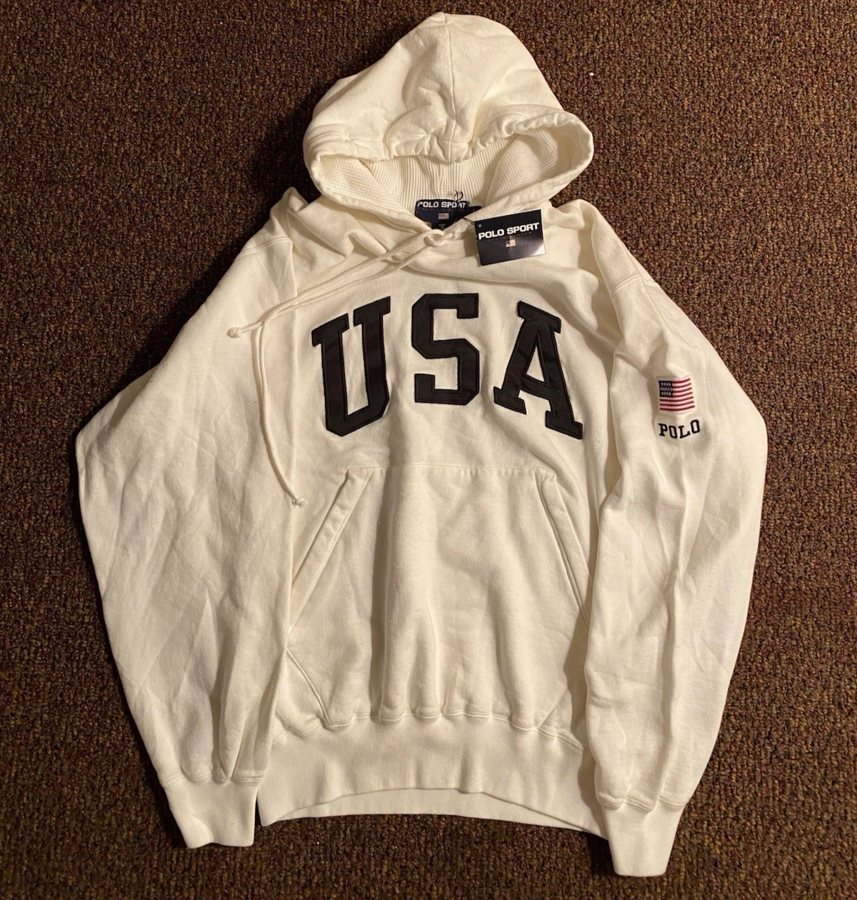 Vintage Deadstock Polo Sport Ralph Lauren USA White Fleece Hoodie Mens Large NWT