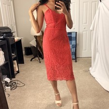Express Coral Midi Lace Dress, Straight Knee Length Pencil, Sweetheart, Strap, 4