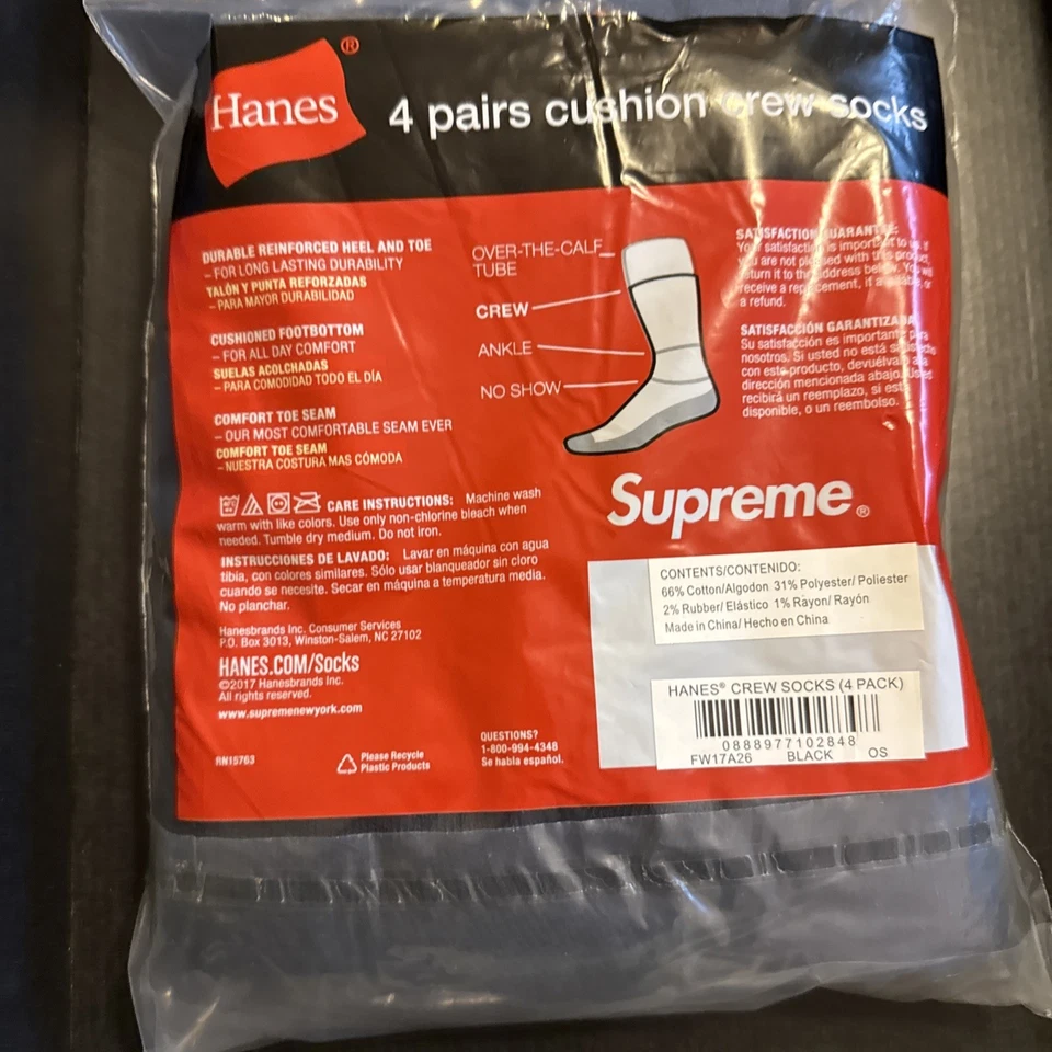Meias seladas e autênticas - Supreme / Hanes Black Crew (pacote com 4) - Imagem 4 de 4