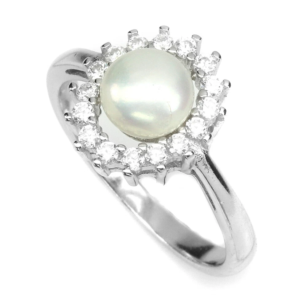 Anillo redondo de plata de ley 925 con perlas blancas de 7 mm circonita simulada blanca Foto 2 de 4