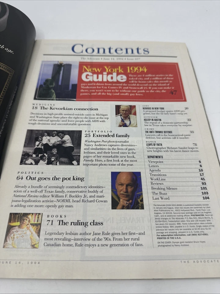 Advocate июнь 1994 Джек Кеворкян Ричард Коуэн Джейн Rule Gay Games Lgbtq Queer - Изображение 2 из 4