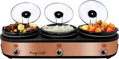 Megachef Triple 2.5 Qt Slow Cooker And Buffet Server Ceramic Pots W/Lid , Copper