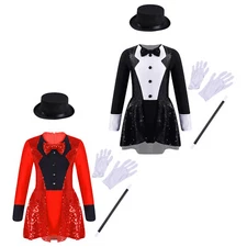 Kids Girls Magician Outfit Tutu Tailcoat Dresses With Hat Halloween Leotard