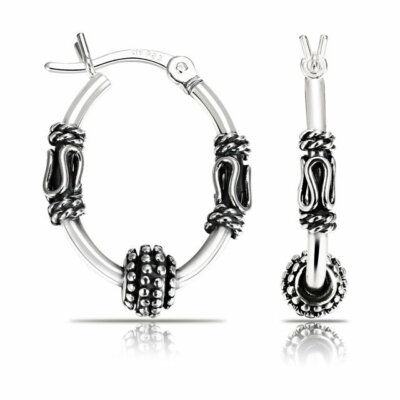 925 Solid Sterling Silver Oxidized Tribal Bali Beaded Hoops Earrings 1 inch