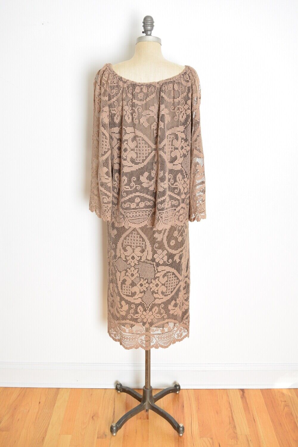 vintage 70s skirt top set brown crochet peasant h… - image 7