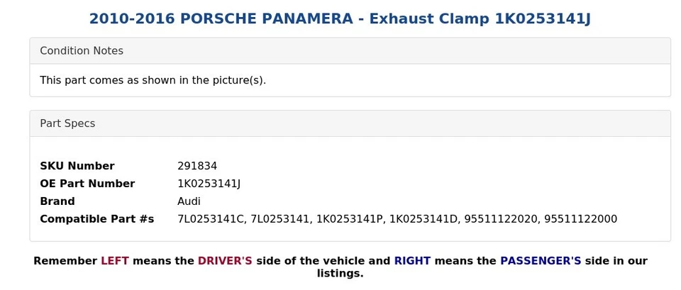 Porsche Panamera 2010-2016 - Abrazadera de escape 1K0253141J Foto 4 de 4