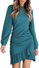 Knit Ruched Smocked Ruffle Hem Crew Neck Bodycon Sexy Casual Sz S Mini Dress #7