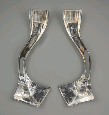 Set of Riedel Crystal Duetto Elegant Curved Candlesticks 8'' Tall Signed
