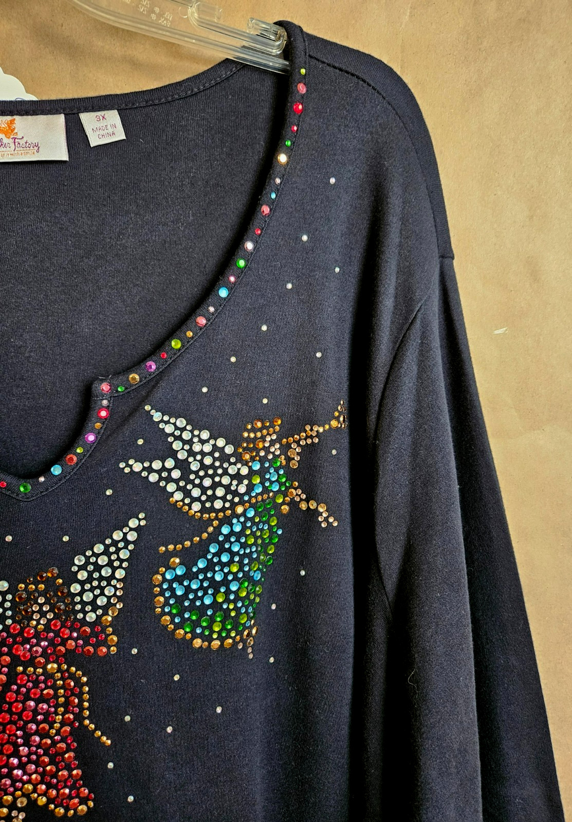 QUACKER FACTORY WOMENS PULLOVER TOP BLACK WITH ANGEL RHINESTONES SIZE 3X #4763