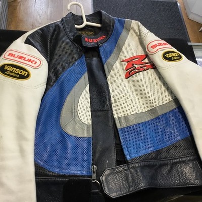 Suzuki Vanson Leather Jacket Motor Bike R CSX White Blue Grey Black Navy Blue 44