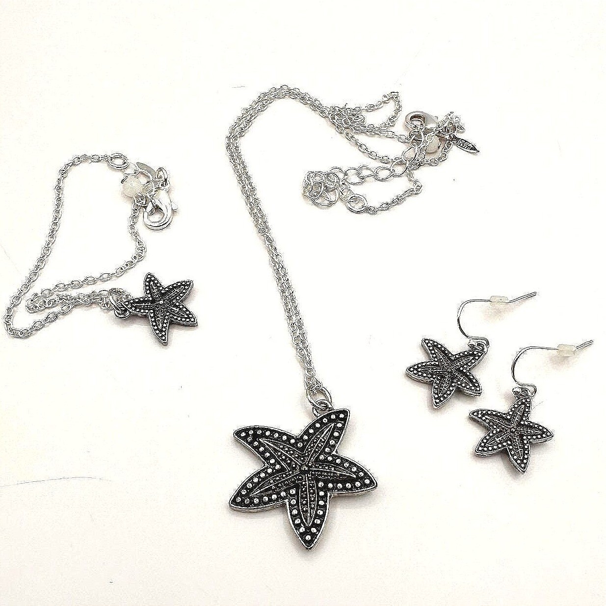 Vintage 90s Silver Tone Starfish Necklace Earrings Bracelet Set Beach Coastal